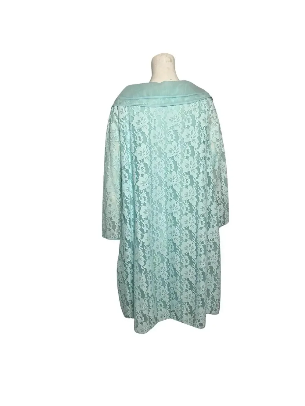 Vintage 1960s Aqua Blue Lace Peignoir Set Robe & Slip Nylon Nightgown LARGE - Picture 5 of 9